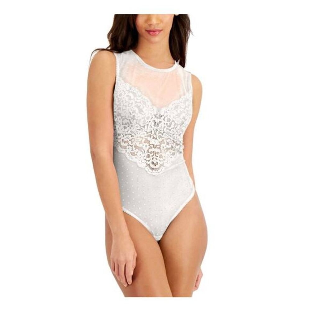 NWT INC International Concepts Lace Swiss Dot Bodysuit White Bridal Size Small